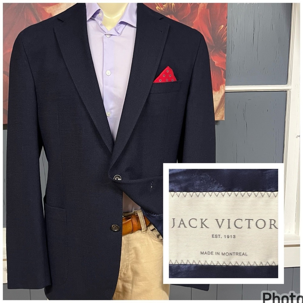 Jack Victor Waffle Knit Blazer Mens 46L Long Slim Fit Wool Stretch Dark Navy